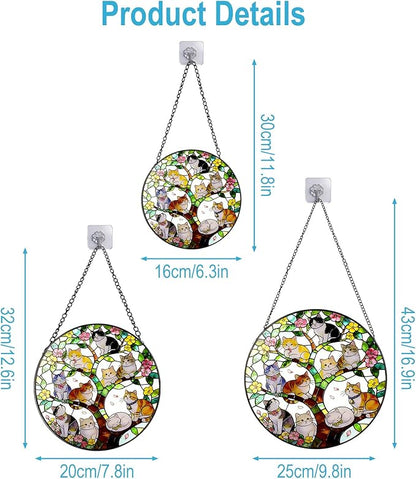 Stained Glass Window Hanging - A Few Kittens in Colorful Tree of Life on a Branch Suncatcher for Doors Home Decoration and Christmas, Mother's Day Birthday for Women Men Mom 9.8 * 9.8 inch