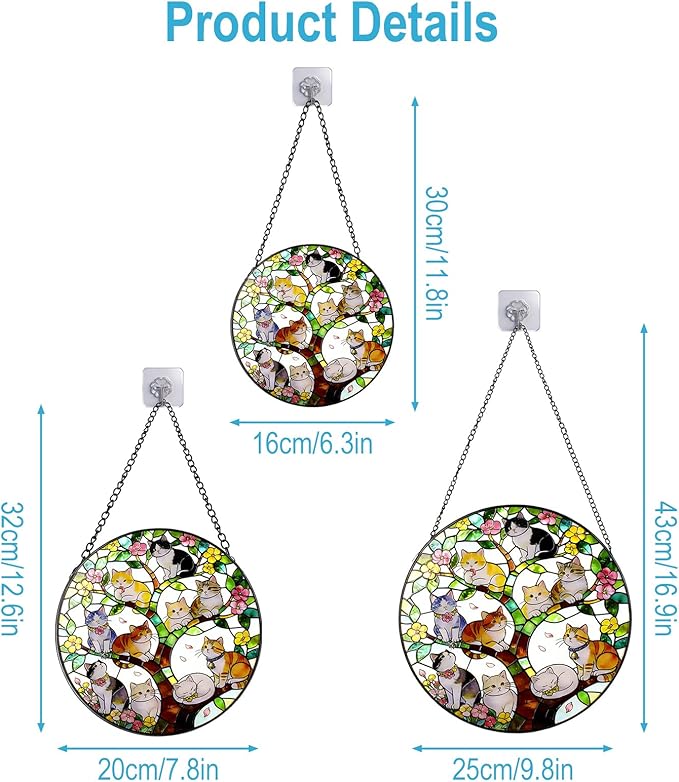 Stained Glass Window Hanging - A Few Kittens in Colorful Tree of Life on a Branch Suncatcher for Doors Home Decoration and Christmas, Mother's Day Birthday for Women Men Mom 7.8 * 7.8 inch