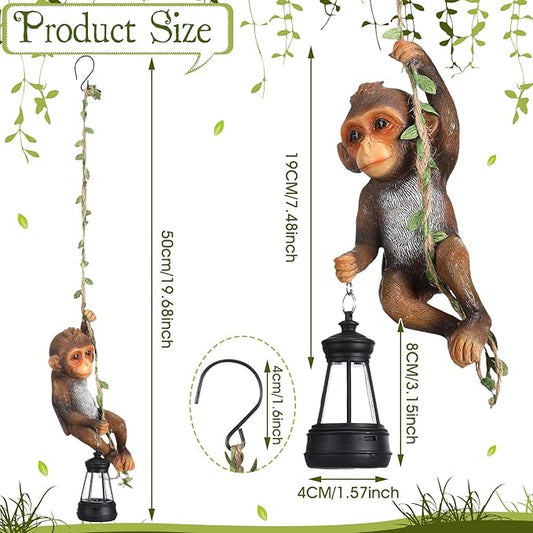 Rossesay Solar Light Outdoor Monkey Statues Brown 7.48 Inch Resin Chimpanzee Baby Monkey Climbing on Vine with LED Lantern Waterproof Hanging Figurine with Hook for Yard Garden Wall