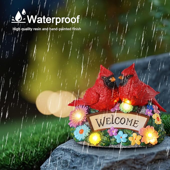 Solar Garden Statues 5.3" Couple Red Cardinal Figurines with Welcome Sign Waterproof Flower Garden Decor LED Lights for Outdoor Yard Patio Lawn Gifts for Mother Grandma Wife Sister Women