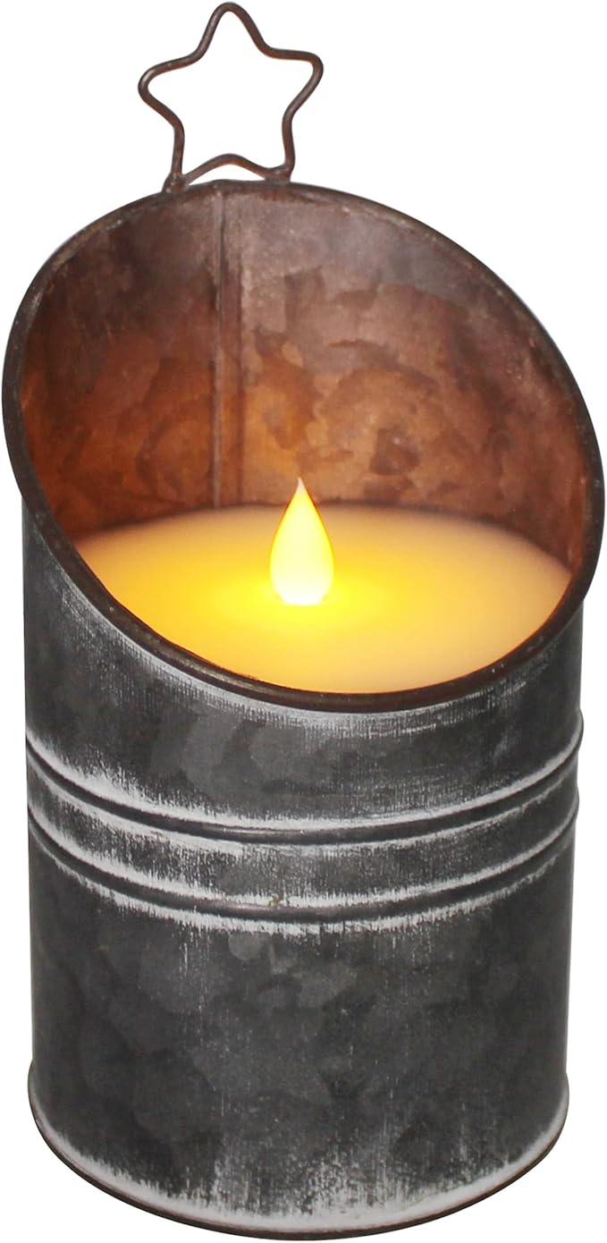 CVHOMEDECO. Vintage Galvanized Can Flameless LED Candle, Real Wax in Antique Galvanized Jar Flickering Candle with Remote Control for Tabletop Wall Decor. H 8 Inch
