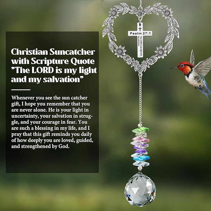 Christian Gifts for Women, Heart-Shaped Suncatcher with Cross - Religious Birthday Ornament with Scripture The Lord is My Light and My Salvation - Inspirational Catholic Spiritual Gifts