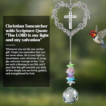 Christian Gifts for Women, Heart-Shaped Suncatcher with Cross - Religious Birthday Ornament with Scripture The Lord is My Light and My Salvation - Inspirational Catholic Spiritual Gifts