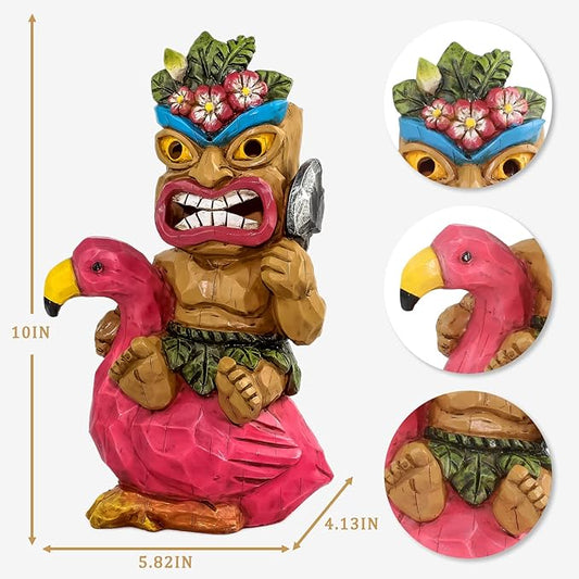 Solar Tiki Statue,Outdoor Statues - Statue-Tiki Bar Decor-Tiki Decorations Outdoor Patio Decor for Bar, Patio, Balcony, Yard,Lawn Ornament,Riding a Flamingos 10inch Tall