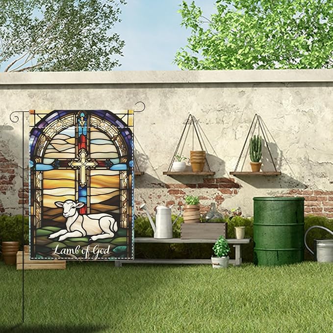 Lamb of God Easter Garden Flag Catholic Stained Glass Christian Easter Garden Flag Decor Spring Double Sided House Flag for Outside Yard Decorations 12×18 Inch