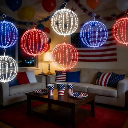 16 Inch 3PK Patriotic Light Ball, Red White Blue Foldable Metal Sphere Lights with 320 LED 16 Modes & Timer, Hanging Globe Lights for 4th of July, Memorial Day & Independence Day Outdoor Holiday Decor