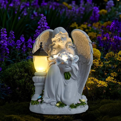Solar Garden Angel Statue for Outdoor Yard Decor, Resin Garden Sculpture, Weatherproof Statues for Angels Memorial Gifts for Women, Mom, Grandma