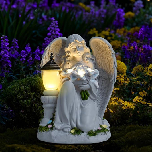 Solar Garden Angel Statue for Outdoor Yard Decor, Resin Garden Sculpture, Weatherproof Statues for Angels Memorial Gifts for Women, Mom, Grandma