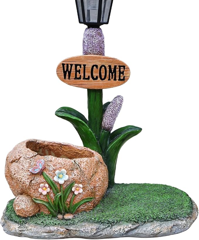 Solar Light Animal Outdoor Statue Planter with Welcome Sign, Resin Garden Sculpture Flower Pot for Patio Lawn Porch Yard Courtyard Decor, Weather-Resistant Decorative Figurine Accent (M)