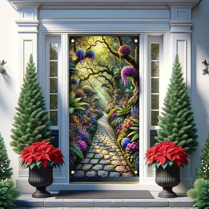 Christmas Door Cover 71x35 Inch Double Sided Outdoor Santa Deer Tree Gift Red BowStripe Welcome Decoration for Front Porch Holiday Xmas Winter Door Banner Party Home Decor