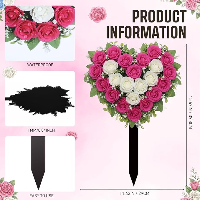 Frienda 2 Sets Cemetery Flowers Grave Stake Metal Floral Decor for Tombstone, Outdoor Gravesite Markers for Mom Dad, Memorial Day Spring Easter Grave Decor(Heart,Rose Red,White)