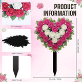 Frienda 2 Sets Cemetery Flowers Grave Stake Metal Floral Decor for Tombstone, Outdoor Gravesite Markers for Mom Dad, Memorial Day Spring Easter Grave Decor(Heart,Rose Red,White)
