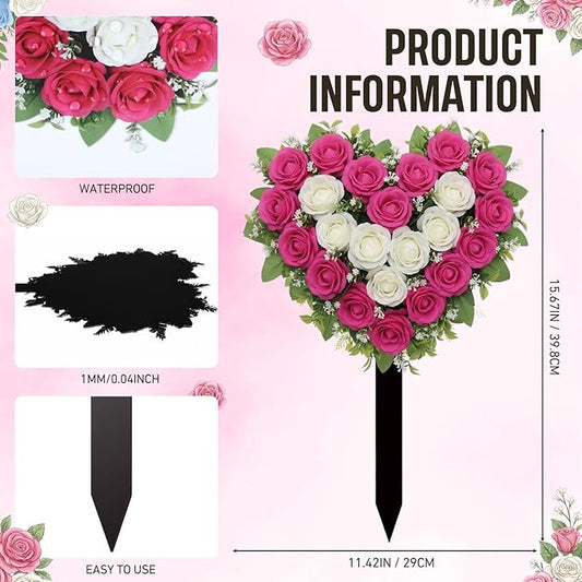 Frienda 2 Sets Cemetery Flowers Grave Stake Metal Floral Decor for Tombstone, Outdoor Gravesite Markers for Mom Dad, Memorial Day Spring Easter Grave Decor(Heart,Rose Red,White)