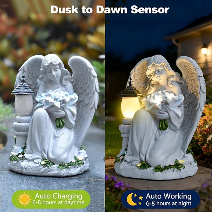 Solar Angel Garden Statue Outdoor, Praying Angel Statues Solar Figurine Lights Outdoor Waterproof, Resin Angel Sculpture for Garden Yard Lawn Grave Cemetery Decor, Gift for Mom Grandma Women (Bouquet)