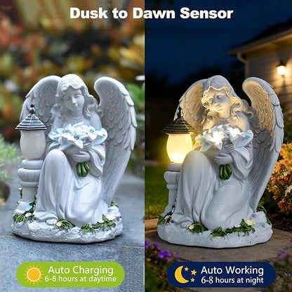 Solar Angel Garden Statue Outdoor, Praying Angel Statues Solar Figurine Lights Outdoor Waterproof, Resin Angel Sculpture for Garden Yard Lawn Grave Cemetery Decor, Gift for Mom Grandma Women (Bouquet)