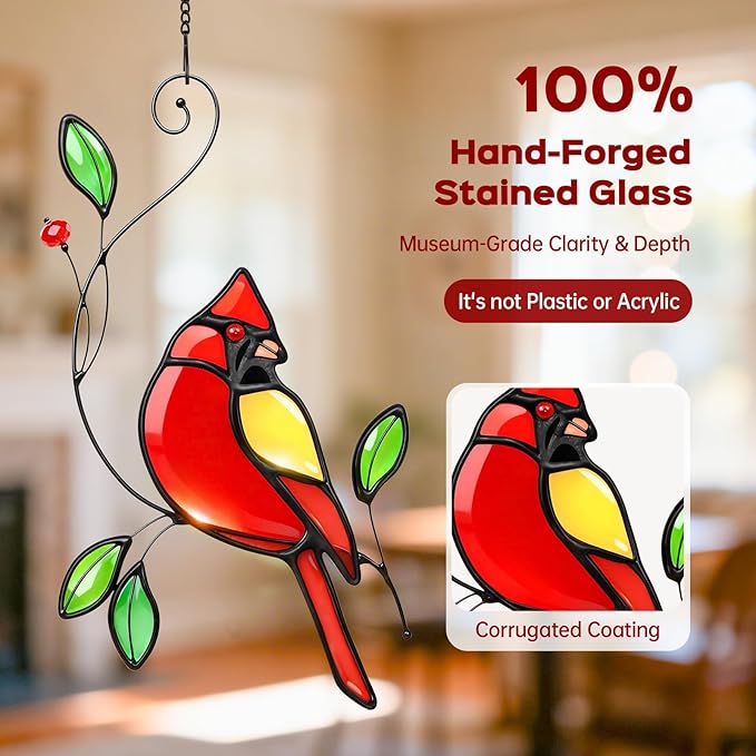 Cardinal Stained Glass Window Hanging for Mother's Day, IDEA SHOW Red Cardinal Suncatcher, Real Glass Window Hanging Ornament, Handmade Bird Home Decor Memorial Gift for Women, Mom, Bird Lover