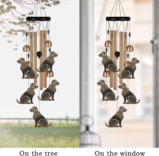 Bronze Dog Wind Chime, Gifts for Mom, Home, Garden, Balconies, Room, Patio, Indoor, Outdoor Decoration, with 4 Aluminum Tubes 5 Dogs Wind Chimes, Doggy Wind Catcher, Puppy Wind Bell Decor