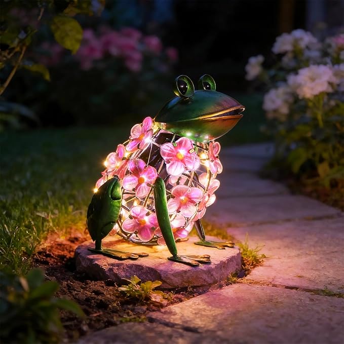 VCUTEKA Frog Solar Lights Outdoor, Solar Lantern Waterproof LED Hydrangea Flower Lights Frog Tabletop Decorations for Patio Garden Yard Outside Decor, Pink