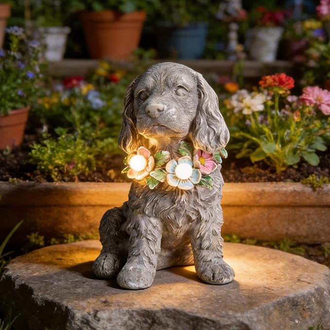 Garden Statue Dog Memorial Gifts - Yard Art Decoration with Solar LED Lights Waterproof Resin Garden Figurine Decor for Outdoor Patio Yard Lawn Ornament