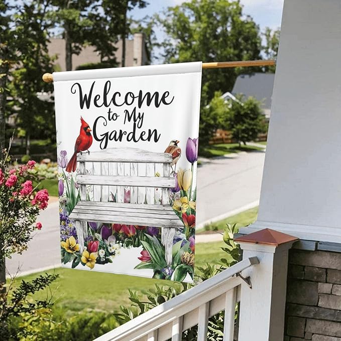 Bench with Flowers Garden Flags 12×18 Inch Welcome to My Garden Double Sided Decorative Yard Banner Seasonal Flag for Outdoor Outside Decor