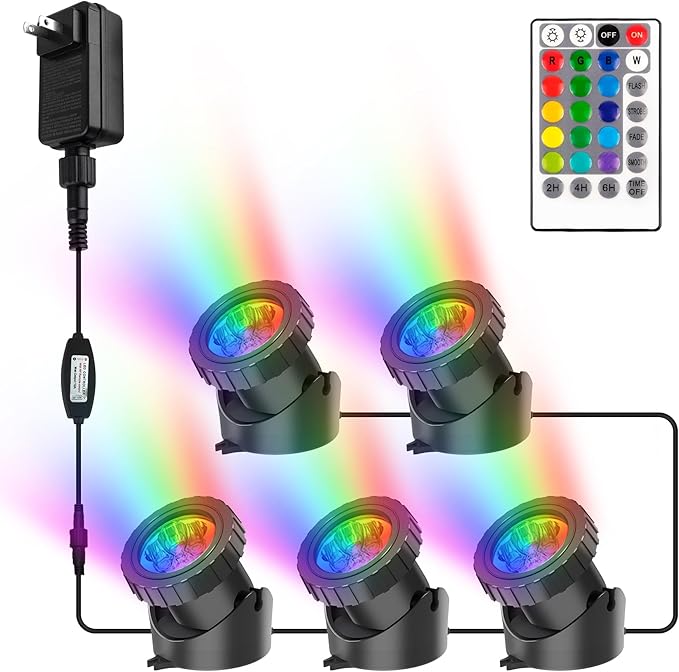 RGB Pond Lights with Timer, Super Bright LED Underwater Submersible Fountain Light,Remote Control IP68 Waterproof Colorful Landscape Spotlights for Fish Aquarium Tank Garden Yard Pool(Set of 5)