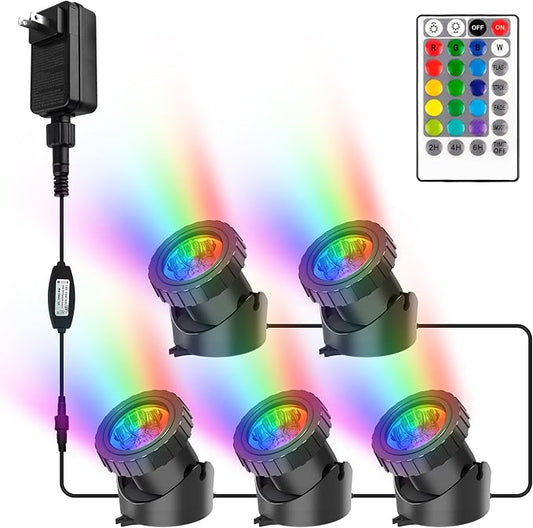 RGB Pond Lights with Timer, Super Bright LED Underwater Submersible Fountain Light,Remote Control IP68 Waterproof Colorful Landscape Spotlights for Fish Aquarium Tank Garden Yard Pool(Set of 5)
