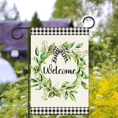 Welcome Spring Summer Garden Flags, Eucalyptus Wreath Outdoor Flags for Garden, Spring Summer Flowers Buffalo Plaid Farmhouse Yard Lawn Porch Flag for Outside Decor 12x18 Inch Double Sided