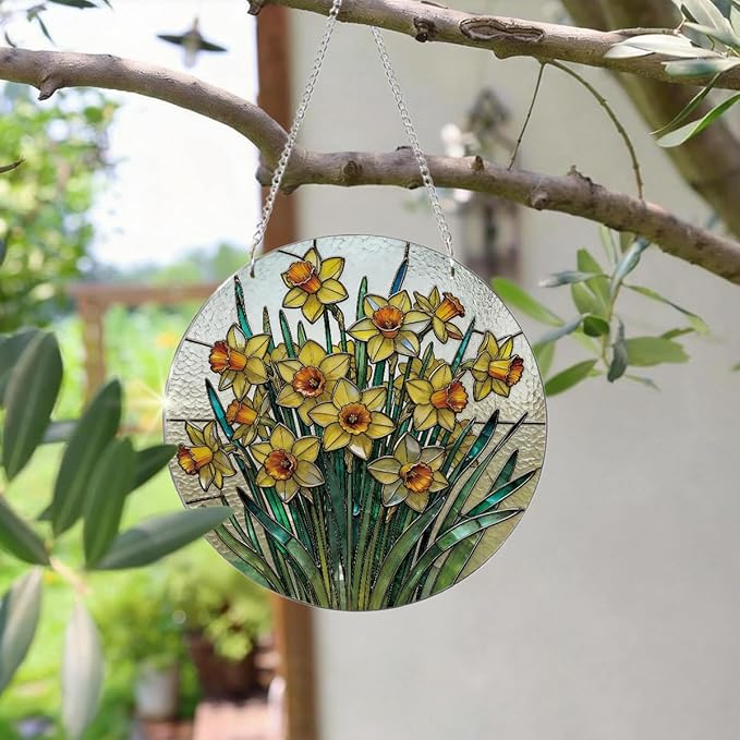 Daffodil Plant Flowers Sun Catchers, Acrylic Hanging Suncatcher for Home Garden Decor, Housewarming Decor, Birthday Gift for Women, Men, Wife, Aunt, and Mom, Flower Lover Gift
