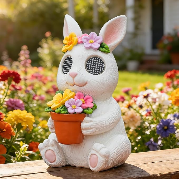 Garden Statues Rabbit with Solar Moving LED Eyes Outdoor Bunny Figurines Decorations for Patio Yard Lawn Ornaments Gifts for Birthday Easter Housewarming (Bunny)