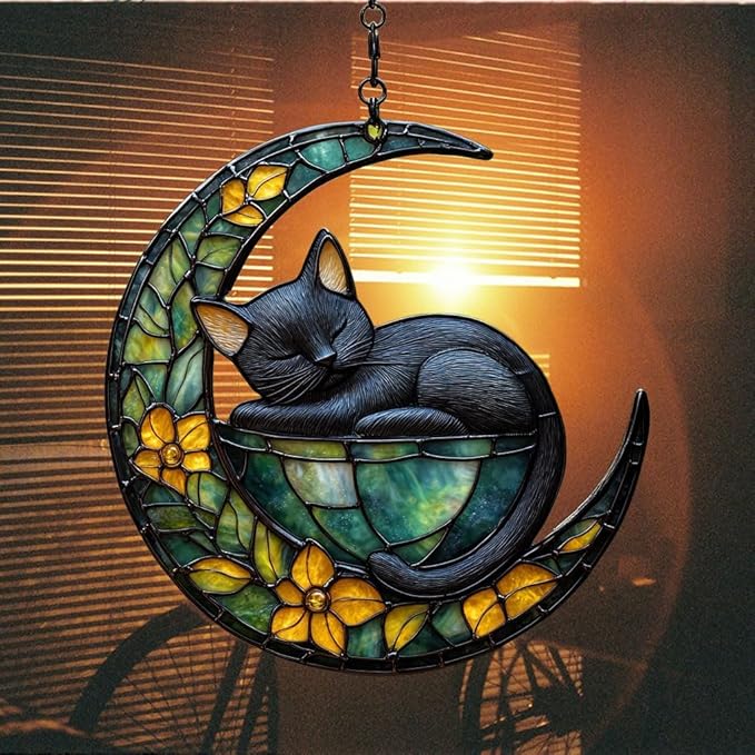 Earthy Tiffany Moon Cat Art Acrylic Suncatcher Stained Glass Effect Window Car Hanging Christmas Ornament Indoor Outdoor Decor Garden Sun Catcher Panel for Fairy Lover for Women Mom Grandma