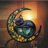 Earthy Tiffany Moon Cat Art Acrylic Suncatcher Stained Glass Effect Window Car Hanging Christmas Ornament Indoor Outdoor Decor Garden Sun Catcher Panel for Fairy Lover for Women Mom Grandma