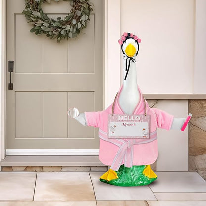 Winter Porch Goose Outfit for 23'' Cement Plastic Geese Statue, Pretty Lady Goose Outfit Clothes, Pink Bathrobe Lipstick Mirror for Outdoor Garden Lawn Yard Patio Decoration