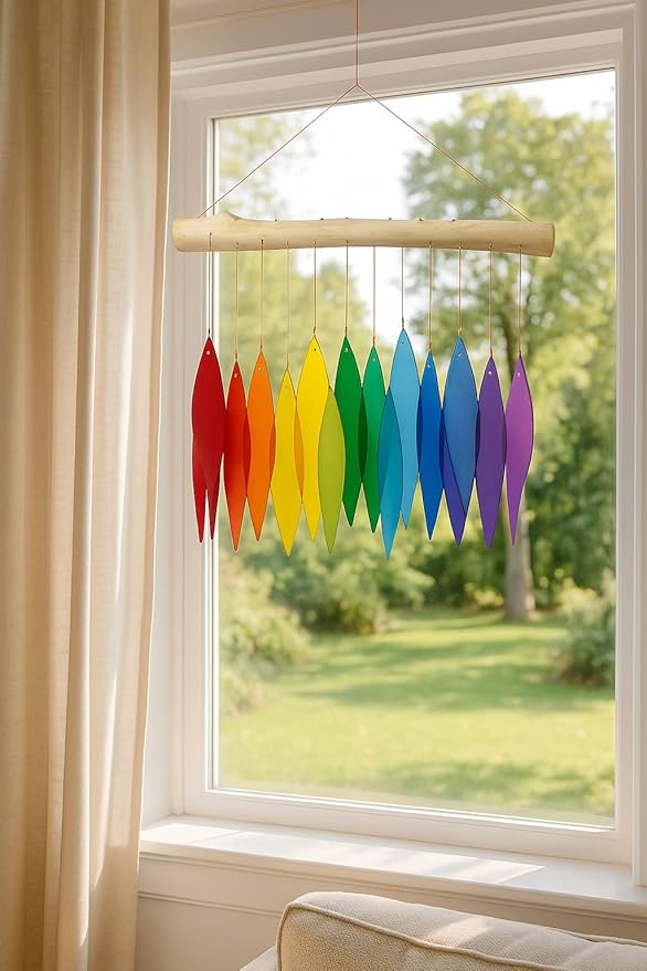 Rainbow Glass Wind Chime, Large 20″ – Multicolor Sandblasted Recycled Glass & Driftwood Coastal Hanging Chime for Porch, Patio & Home