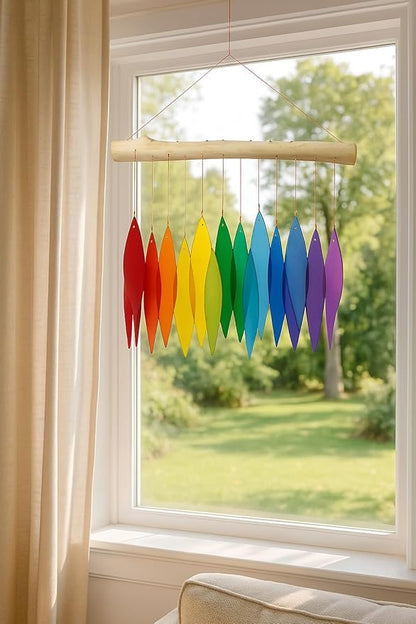 Rainbow Glass Wind Chime, Large 20″ – Multicolor Sandblasted Recycled Glass & Driftwood Coastal Hanging Chime for Porch, Patio & Home
