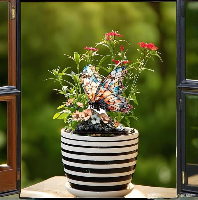 Garden Stake Decor, Acrylic 2D Flat Cute Animal Statue, Fairy Sculptures Ornament Indoor Outdoor Yard Lawn Pot Plant Decorative Accessories (Floral Butterfly)