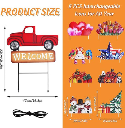 Whaline Valentine's Day Metal Yard Stakes Easter Welcome Interchangeable Garden Stake Red Truck Decor Set with Seasonal Sign Loads, Set of 9