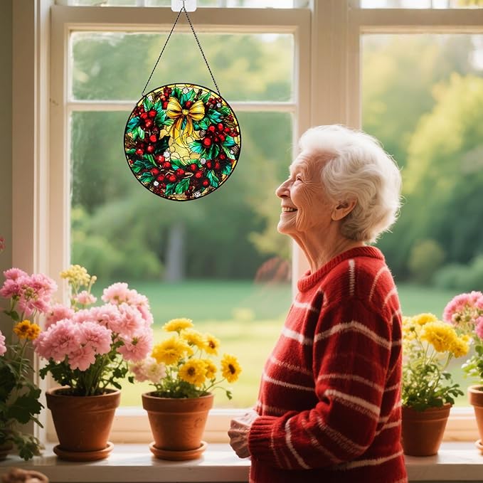 Stained Glass Window Hanging, Christmas Festive Holly and Red Berries Suncatcher for Doors Home Sun Catchers Decoration and Christmas, Mother's Day Birthday Gifts for Women, Men, and Mom
