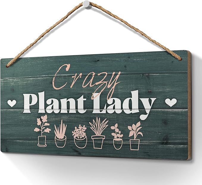 Heuhuww Plant Lover Gifts,Crazy Plant Lady Wood Sign 6x12 Inch Funny Garden Gift,Garden Door Decor,Plant Lady Hanging Gardening Signs for Plant Mom Plant Lovers