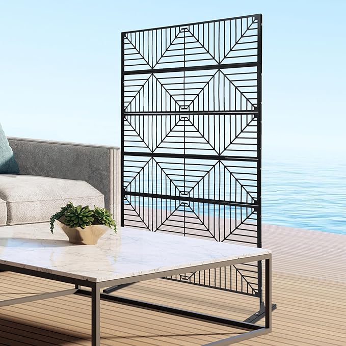 Metal Privacy Screen, 72" H x 44" W Freestanding Privacy Screens, Patio Decorative Metal Fence Panels with Stand, Portable Divider Screens, for Backyard/Patio/Deck (Black-Stripe, 72''H×44''W)