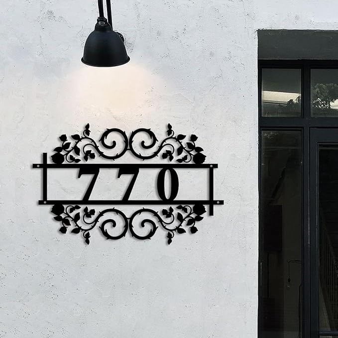 Personalized Gothic House Number metal Signs,Custom Address Number Metal Wall Art Decor,Black Plaques Outdoor wall Decorative Signage,Shed(8-30 Inches) (Rose B)