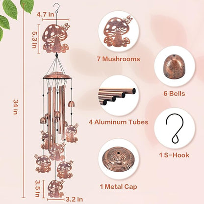 Mushroom Wind Chimes Outdoor Mushroom Gifts for Women Mom Men Dad Unique Birthday Gifts Metal WindChimes for Outside/Indoors, Patio, Lawn, Yard, Home Decor, Outdoor Decor, Garden Decorations