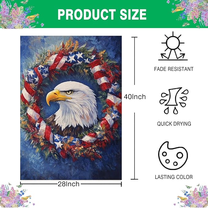 Patriotic Bald Eagle House Flag 28x40 Inch Double Sided Burlap American Flag Wreath Outdoor Yard Decor for 4th of July, Veterans Day, Memorial Day