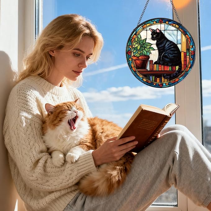 Rngmsi Black Cat Stained Glass Window Hanging Gifts for Women, 7.8″ Book Suncatchers for Indoor Window Decor, Decorative Sun Catchers Home Wall Art Gift for Thanksgiving Christmas Housewarming