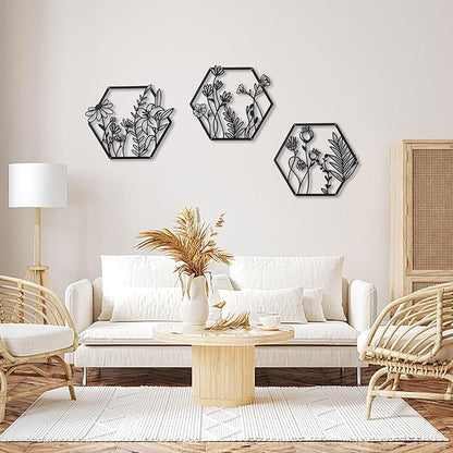 OYEFLY 3 Pcs Metal Flower Wall Decor,Farmhouse Flower Art (Black)