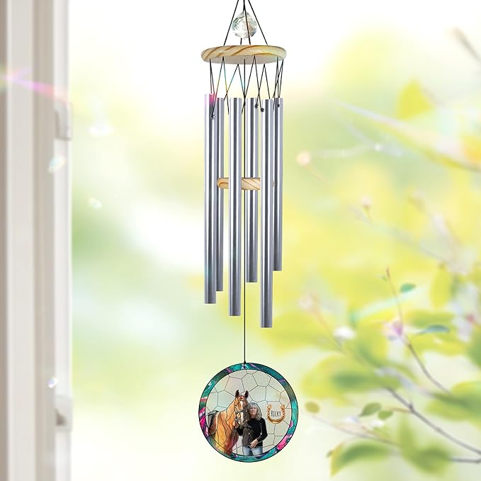 Personalized Horse Wind Chimes for Outside, Custom Photo Crystal Pet Suncatcher Ornament, Horse Lover Gifts for Women Men, Unique Pet Memory Keepsake, Windchimes Outdoors for Garden Home Décor