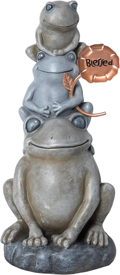 Alpine Corporation 18" Tall Outdoor Stacked Frogs Statue Holding Blessed Flower, Weatherproof Garden Decor, Gray