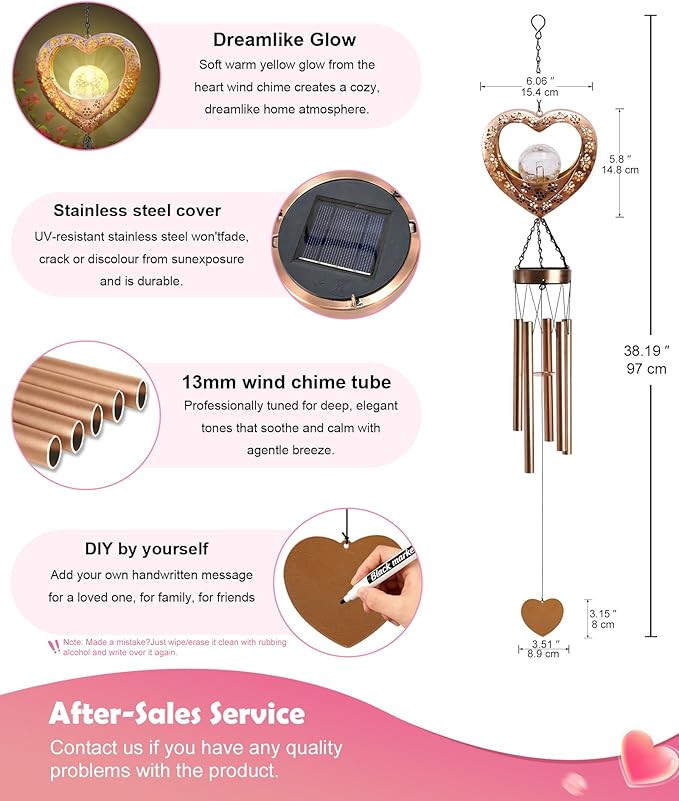 Nacome Solar Heart Wind Chimes for Outside: Weatherproof Metal Outdoor Decor Easy Hanging for Garden Patio Tree Window - Melodious Mother's Day Birthday Gifts for Mom Women Mom Grandma Her Wife