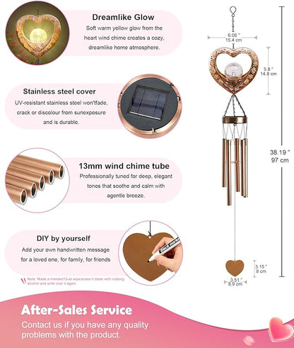 Nacome Solar Heart Wind Chimes for Outside: Weatherproof Metal Outdoor Decor Easy Hanging for Garden Patio Tree Window - Melodious Mother's Day Birthday Gifts for Mom Women Mom Grandma Her Wife