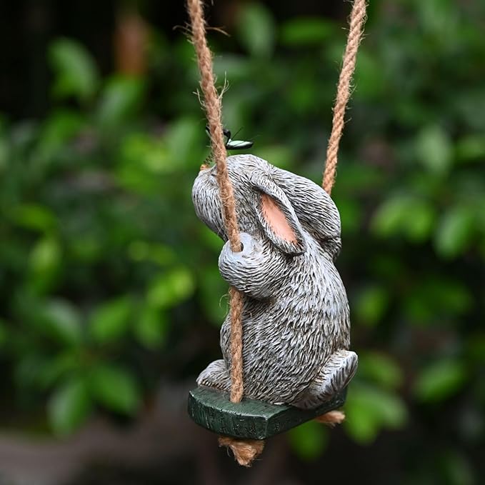 OwMell Garden Rabbit Statues, Cute Swing Bunny with Butterfly Statue Decoration for Yard Hanging Outdoor, Tree Ornaments Figurine for Stump Branch Lawn Patio Decor