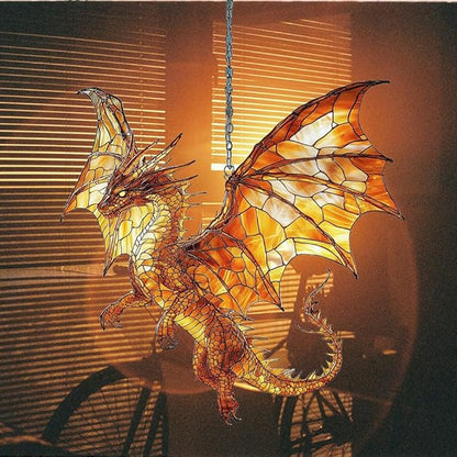 Fiery Mosaic Dragon Charm Acrylic Suncatcher Stained Glass Effect Window Car Hanging Christmas Ornament Indoor Outdoor Decor Garden Sun Catcher Panel for Dragon Lover for Women Mom Grandma
